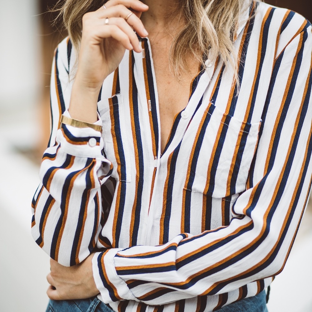 Striped button down blouse with pockets